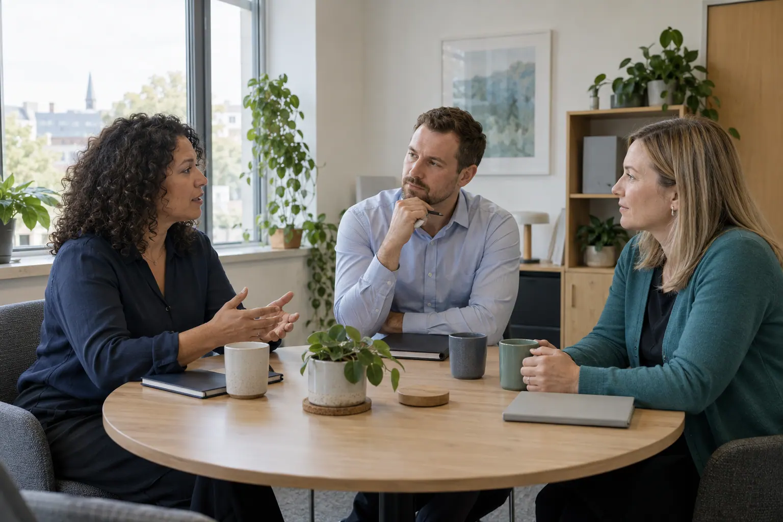 Illustration of three recruitment colleagues discussing work in a bright office.