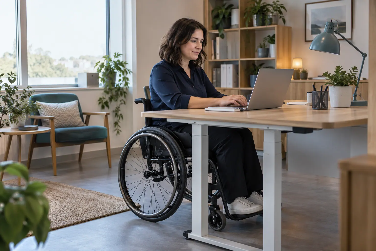 Illustration of a wheelchair user working at a height-adjustable office desk.