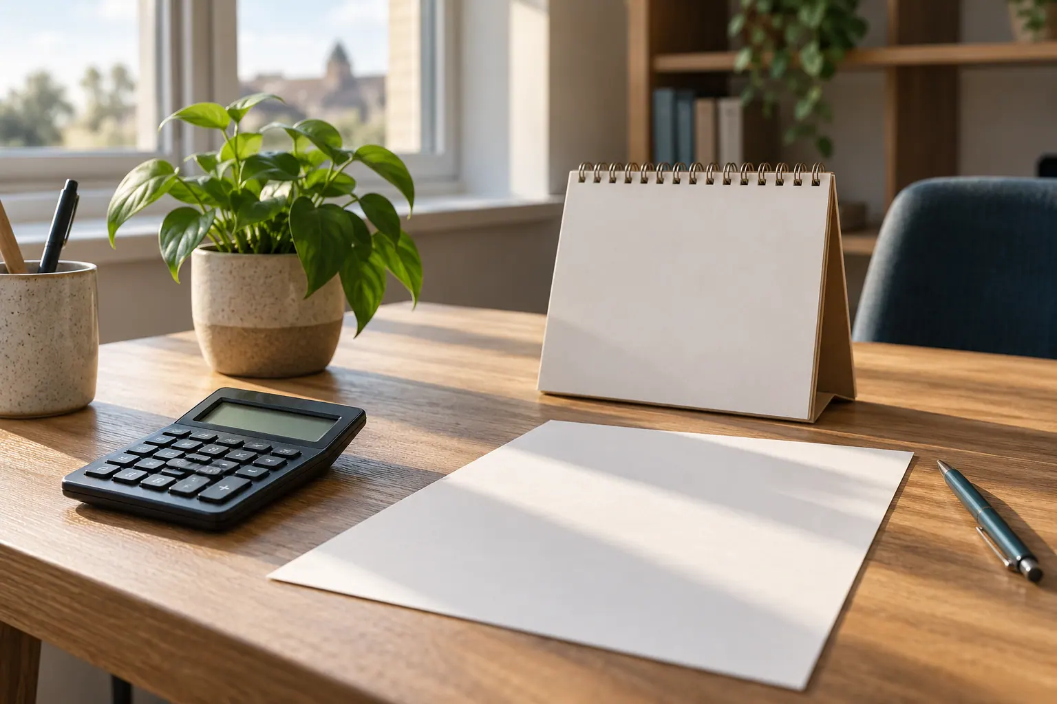 Illustration of a calculator, blank calendar and paper beside a plant on a desk.