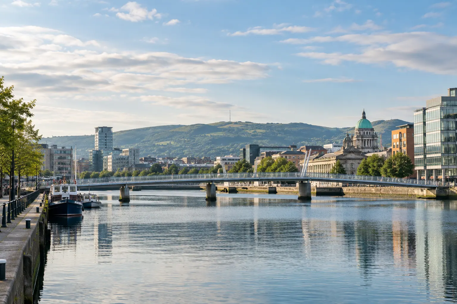 Illustration of Belfast waterfront buildings beside the River Lagan.