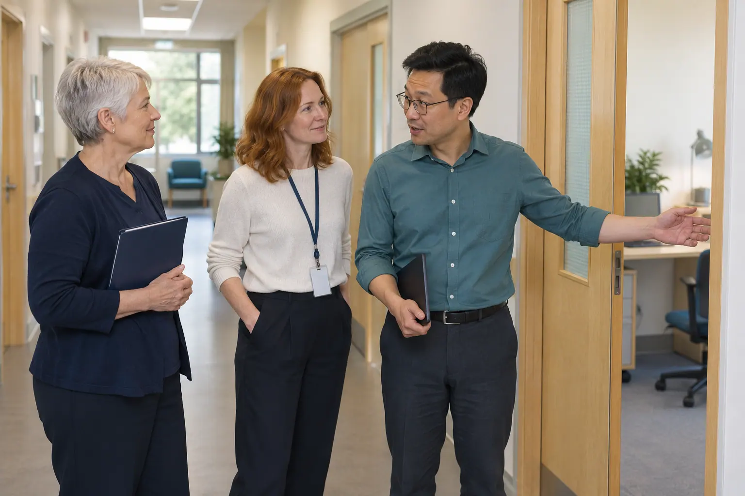 Illustration of three colleagues having an induction discussion in a practice corridor.