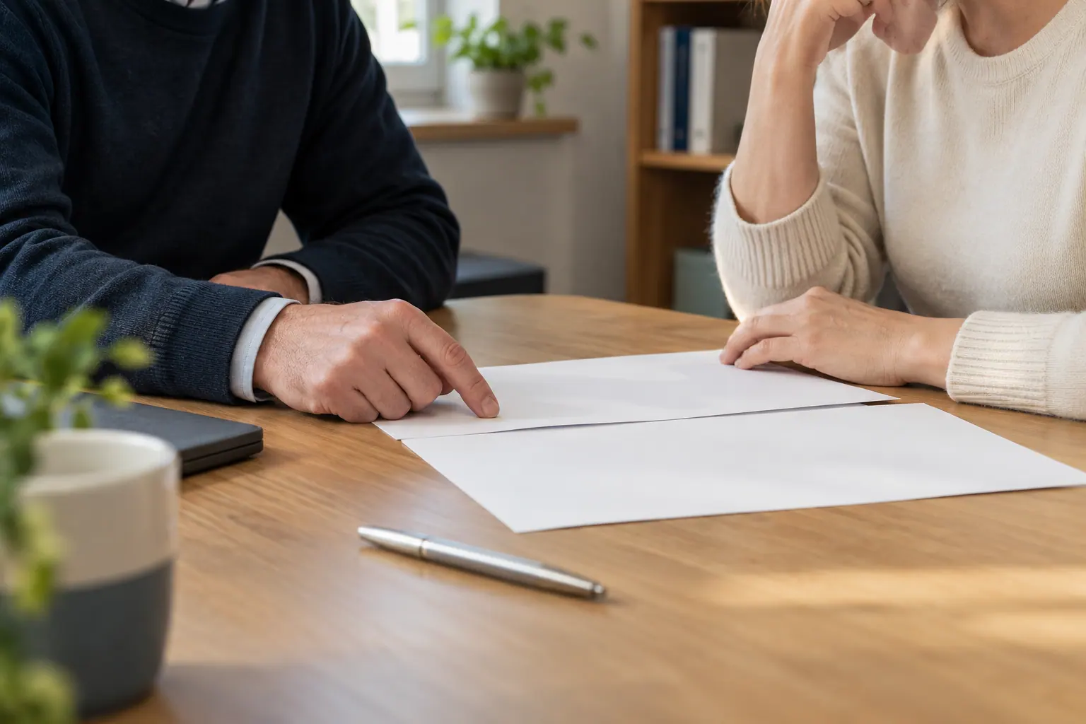 Illustration of two people looking over blank papers at a desk.