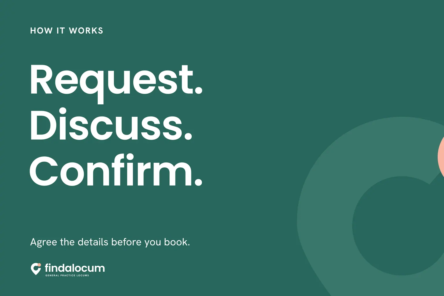 FindALocum teal graphic: Request. Discuss. Confirm. Agree the details before you book.