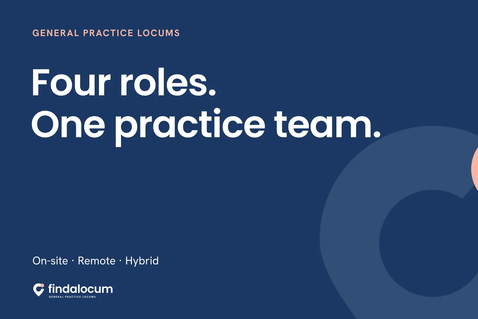 FindALocum navy graphic: Four roles. One practice team. On-site · Remote · Hybrid