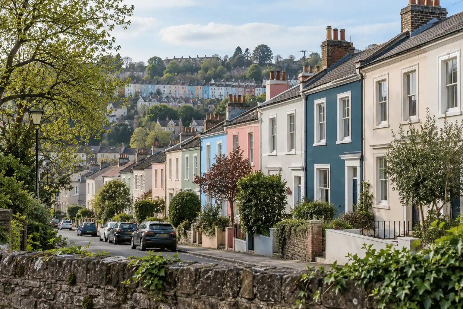 Illustration of a Bristol hillside with colourful terraces.