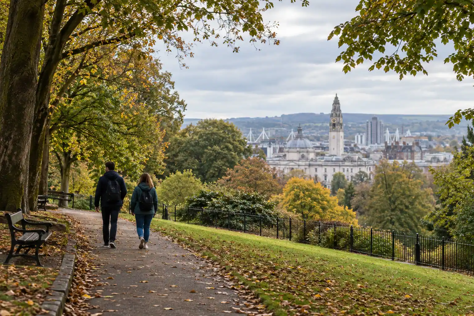 Illustration of a leafy park and civic buildings in Cardiff.