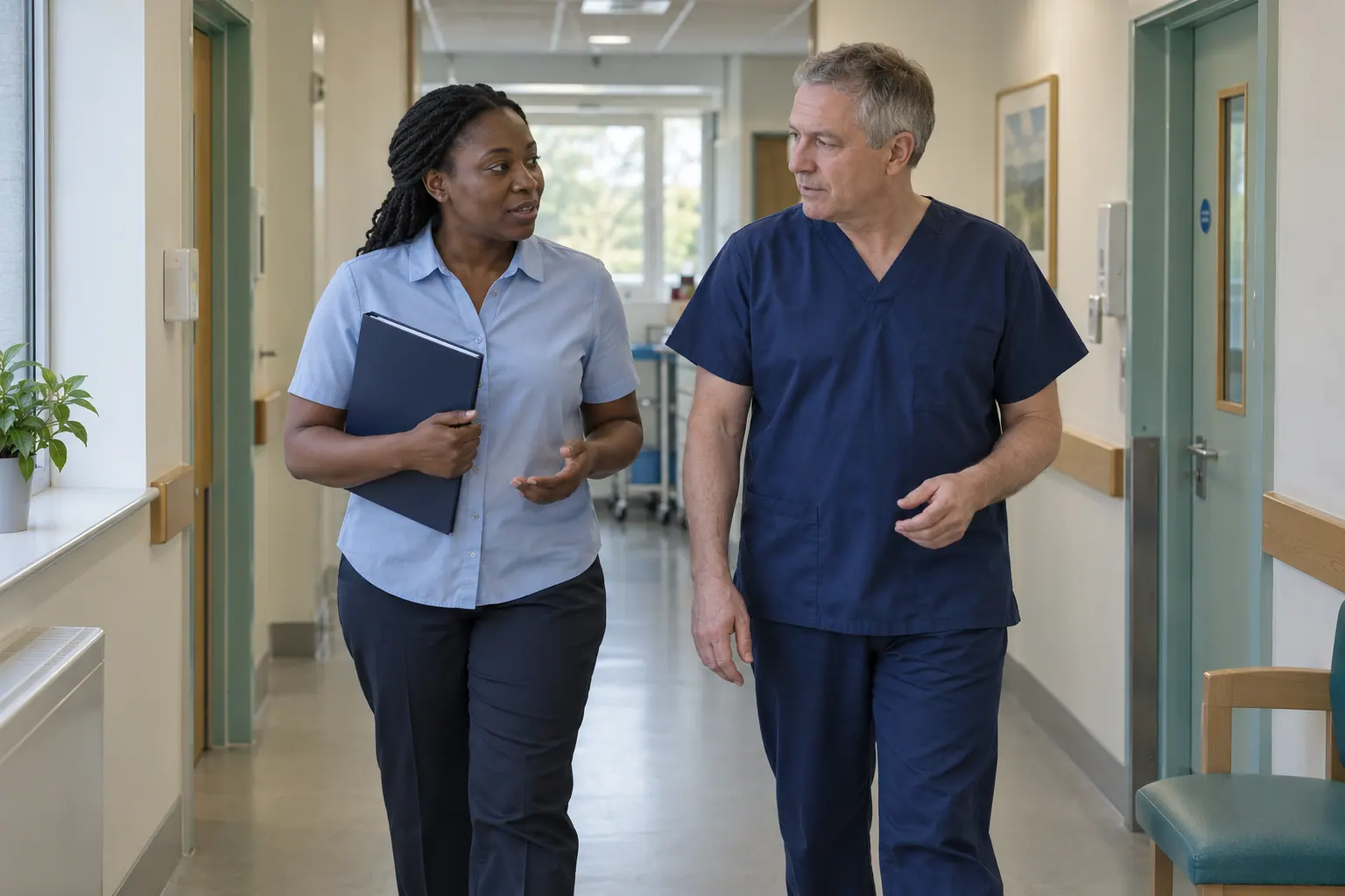 Illustration of two pharmacists walking through a hospital during an induction.
