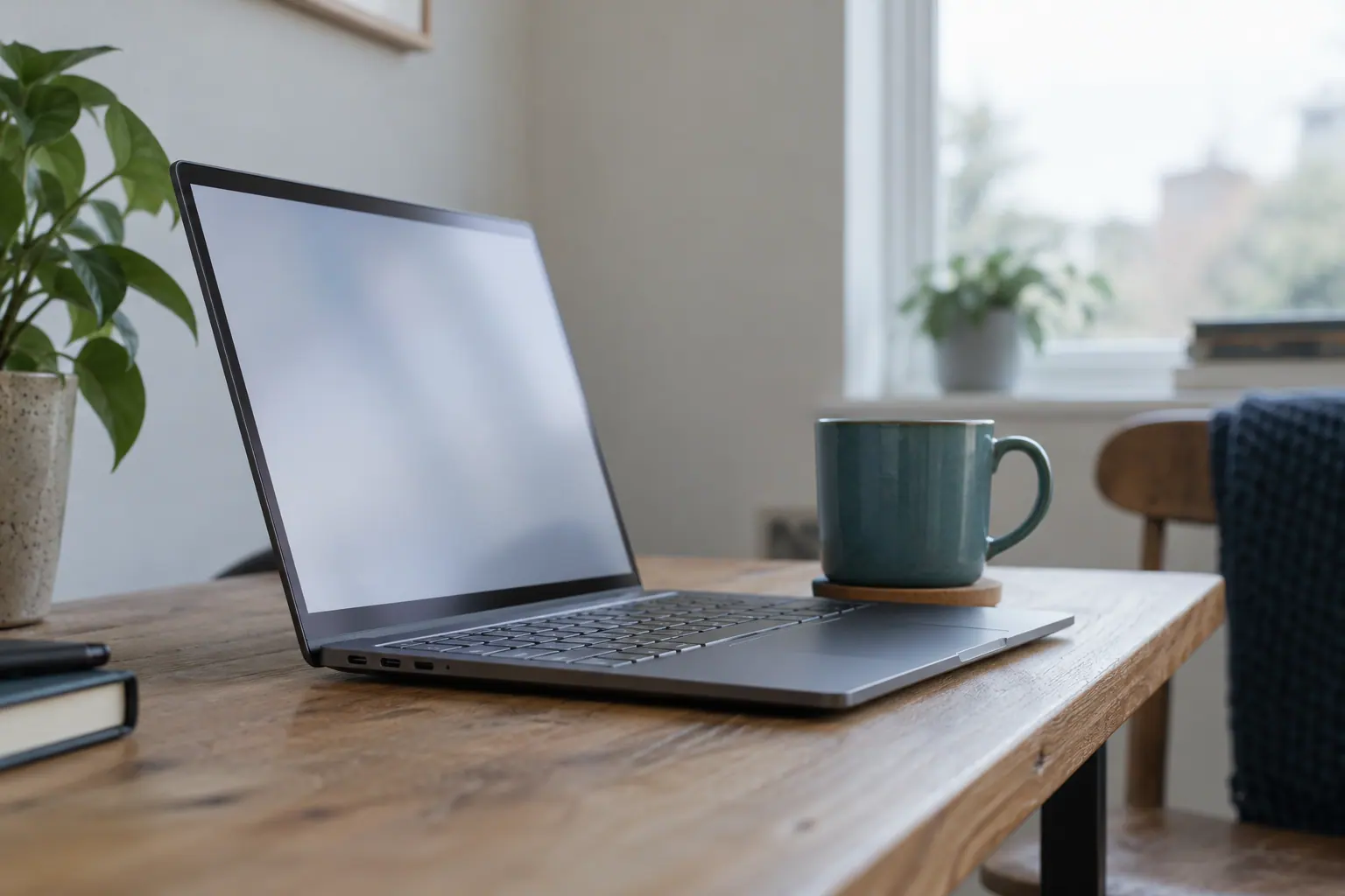 Illustration of an unbranded laptop and teal mug on a wooden table.