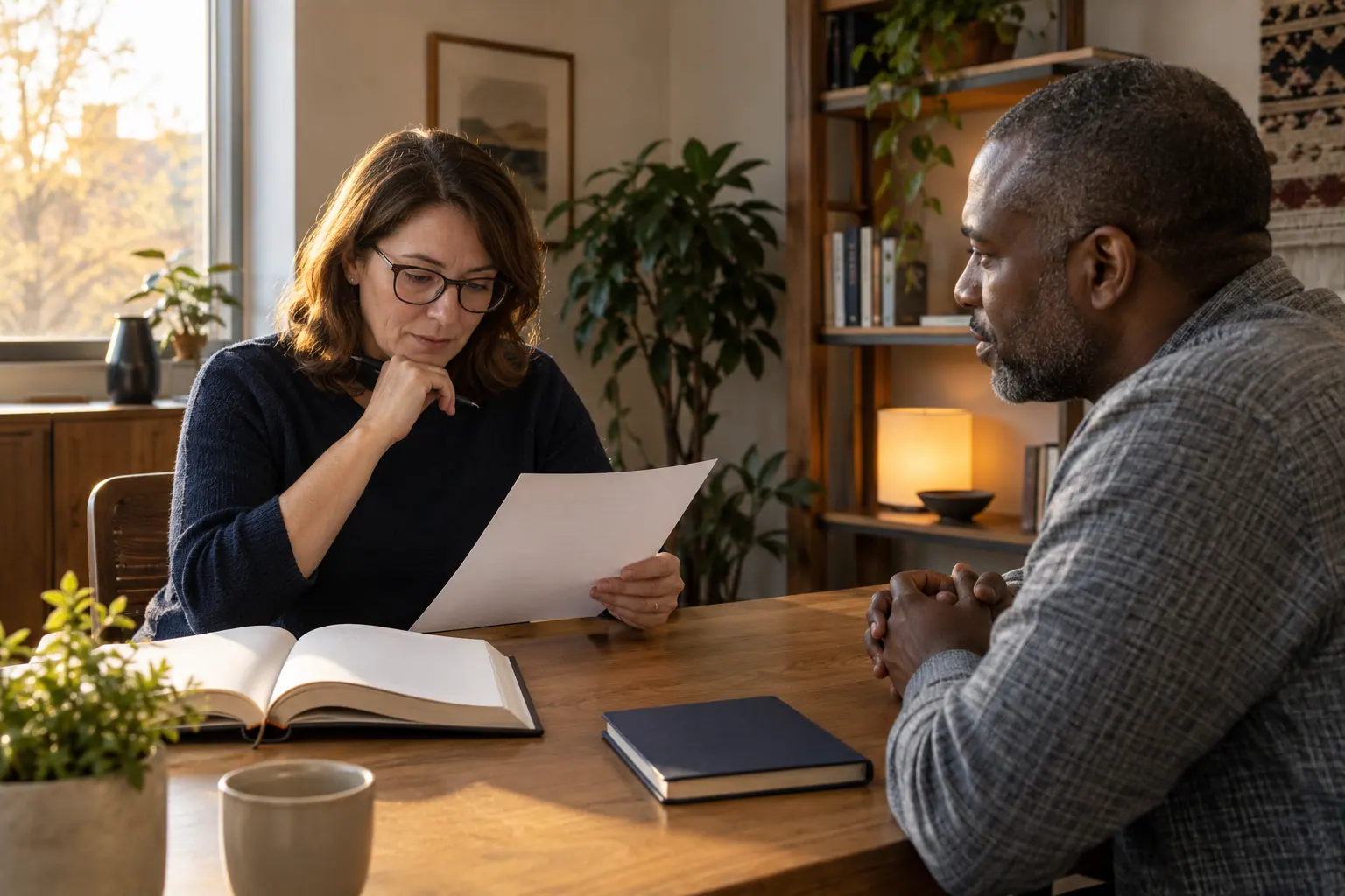 Illustration of an editor with glasses reviewing paper and an open book with a colleague.