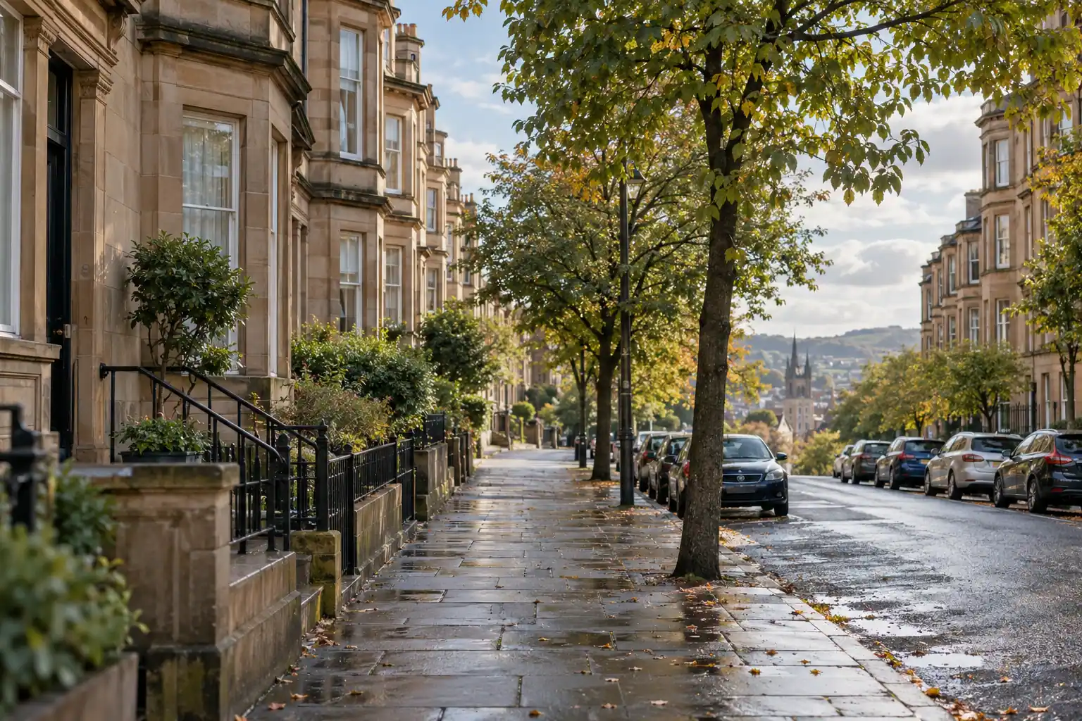 Illustration of a Glasgow sandstone street after rain.
