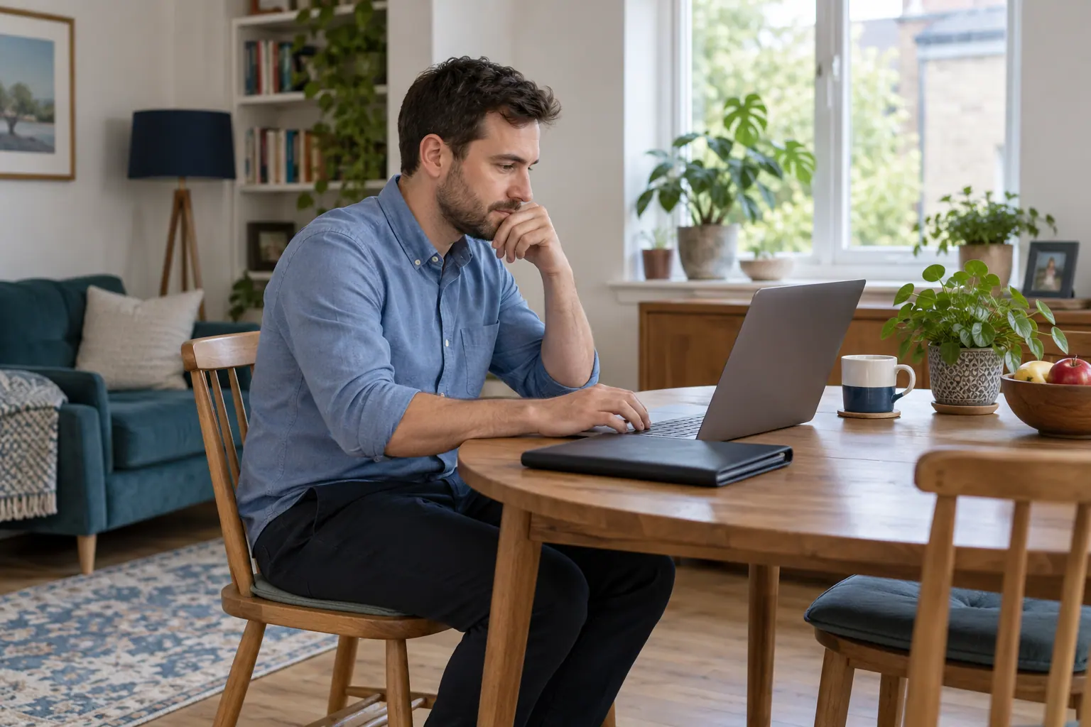 Illustration of a GP reading a laptop while considering work opportunities.