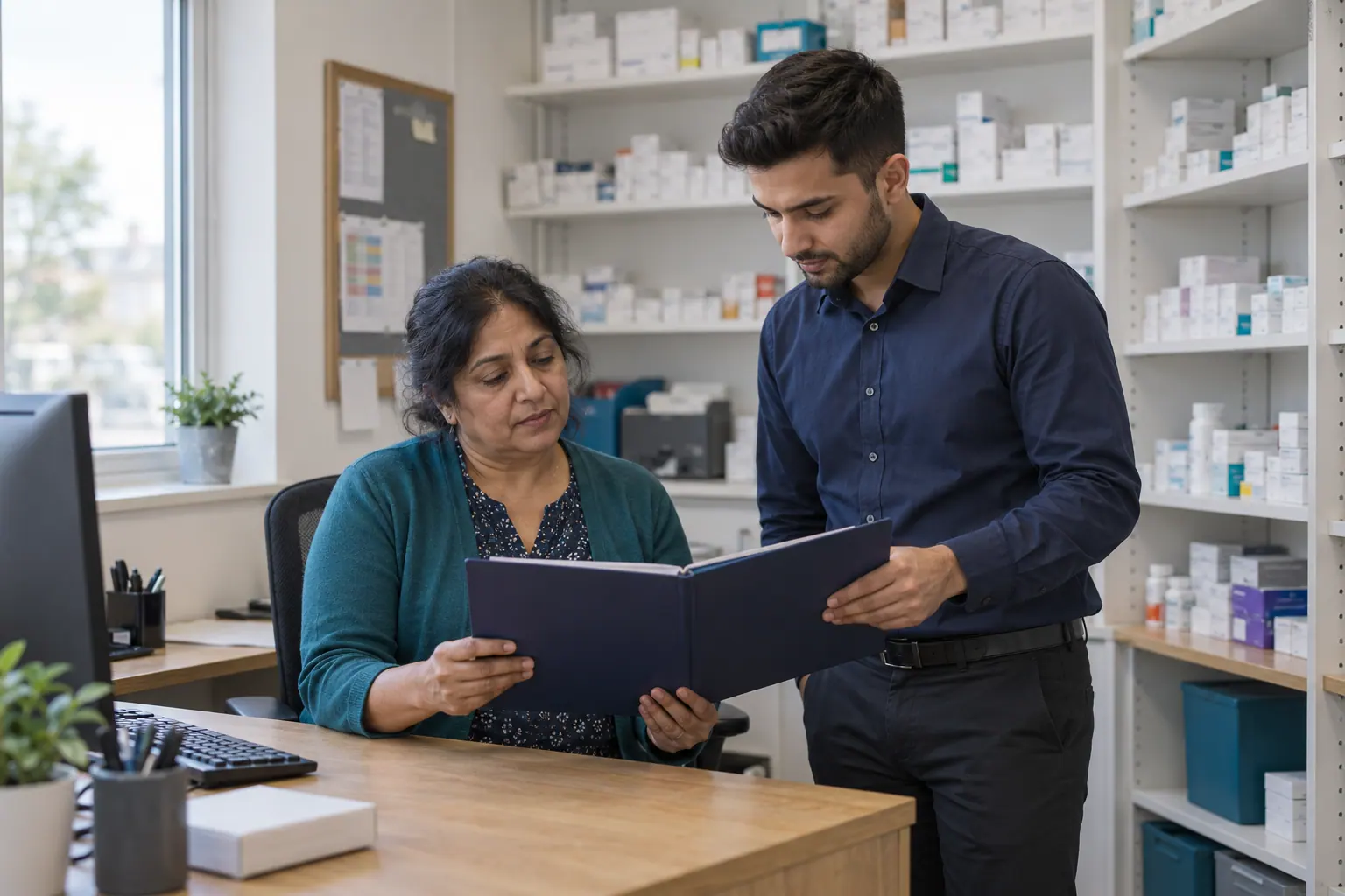 Illustration of a pharmacy manager and locum discussing a shift plan.