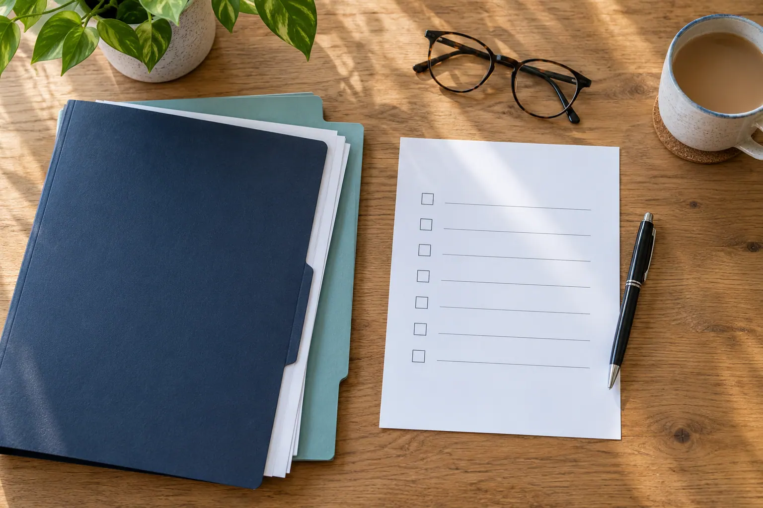 Illustration of organised folders and a blank checklist on a desk.