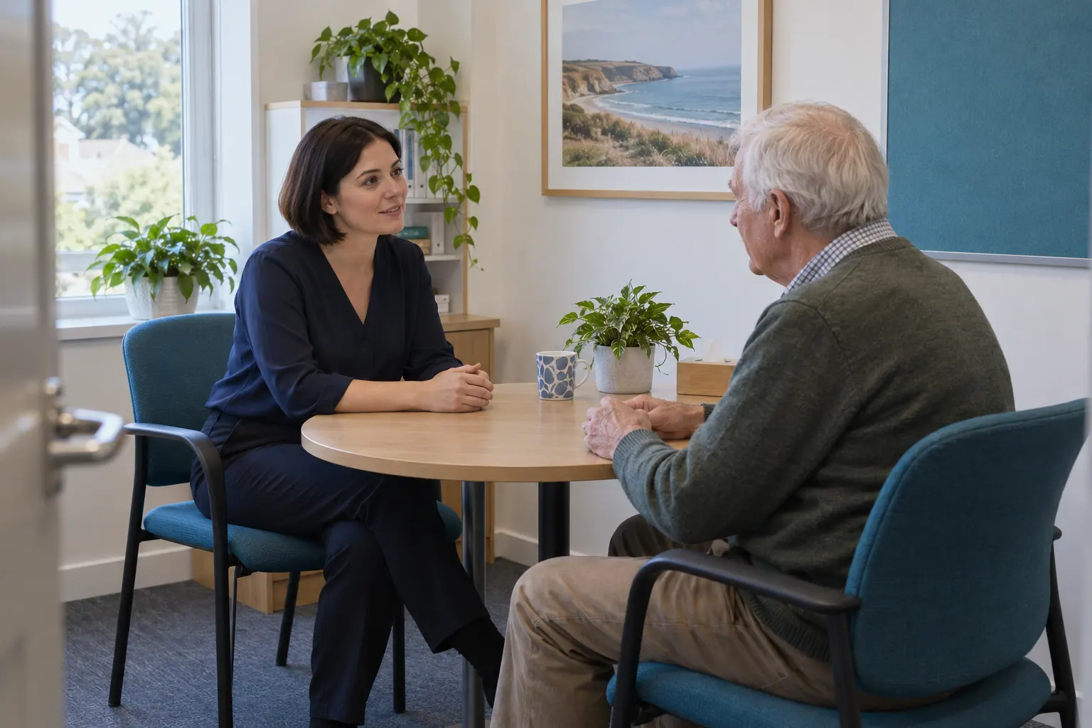 Illustration of a pharmacist listening to an adult in a private consultation room.