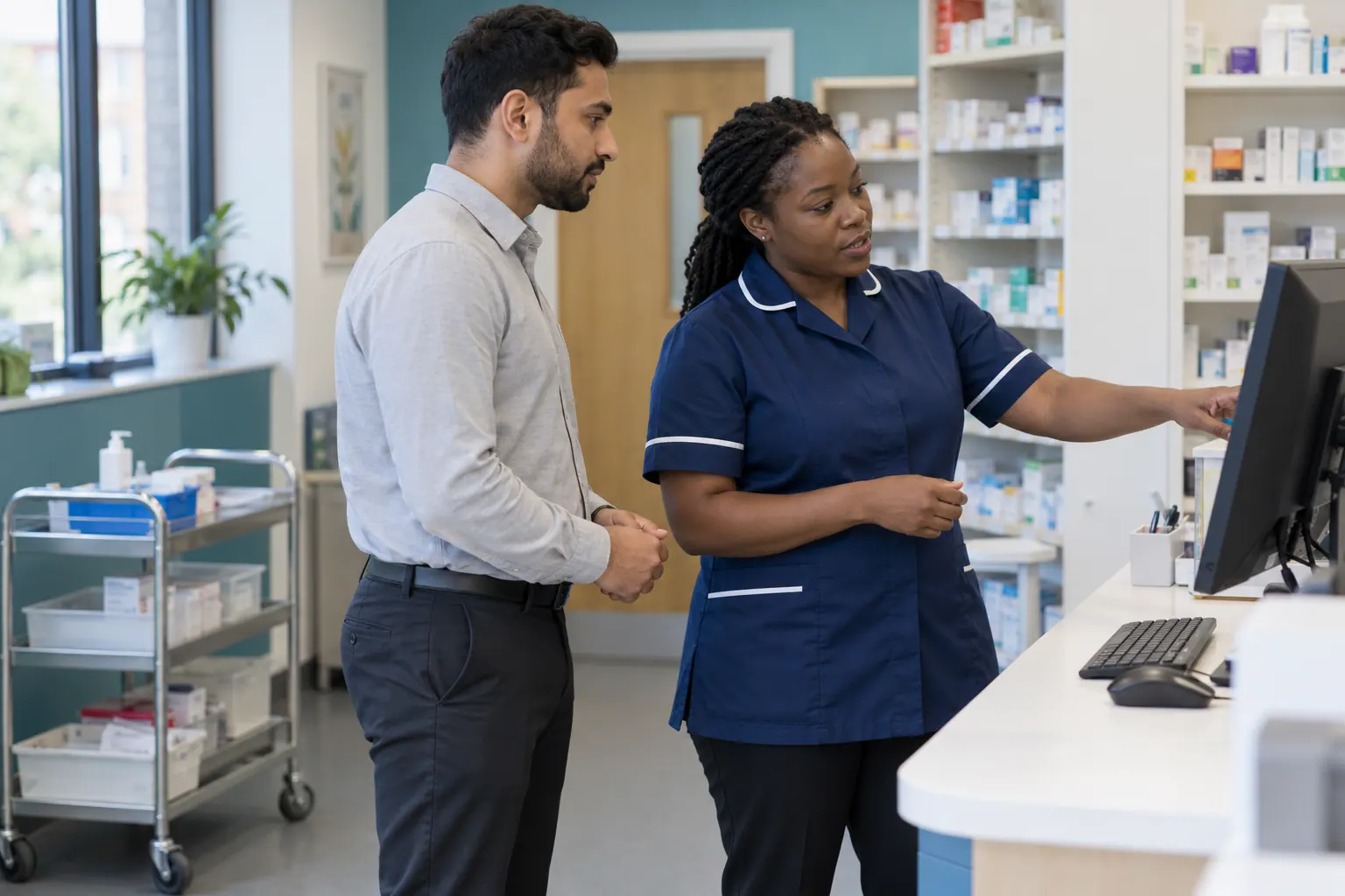 Illustration of a pharmacy colleague showing a locum a workstation.