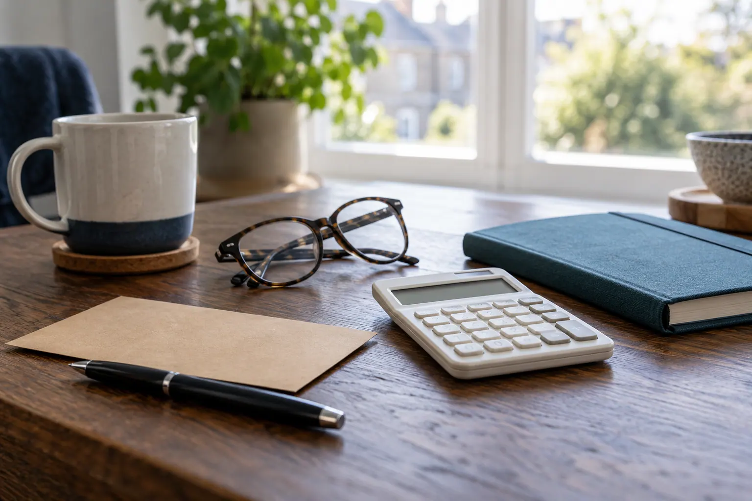 Illustration of a notebook, calculator and travel expenses folder.