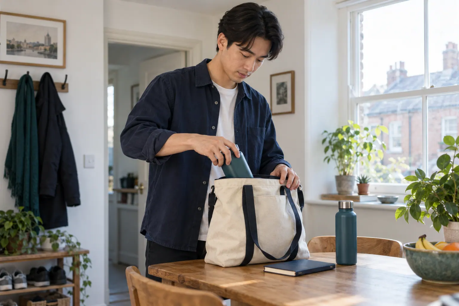 Illustration of a pharmacist preparing a work bag and notebook.