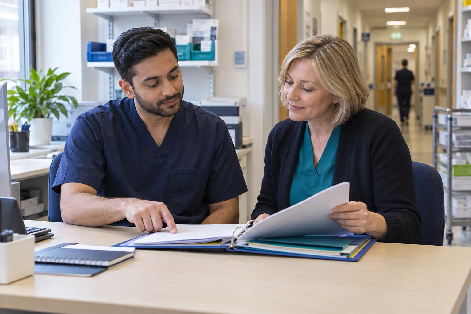 Illustration of two hospital pharmacy colleagues reviewing an induction folder in a staff office.