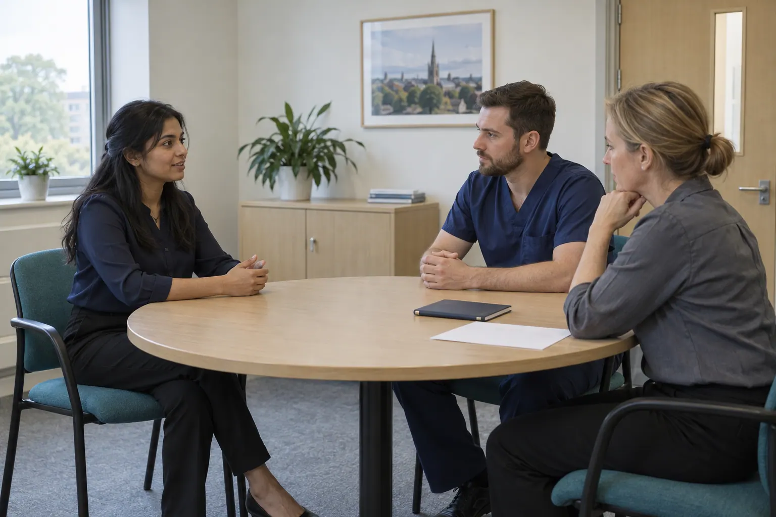 Illustration of a hospital pharmacist candidate meeting two interviewers.