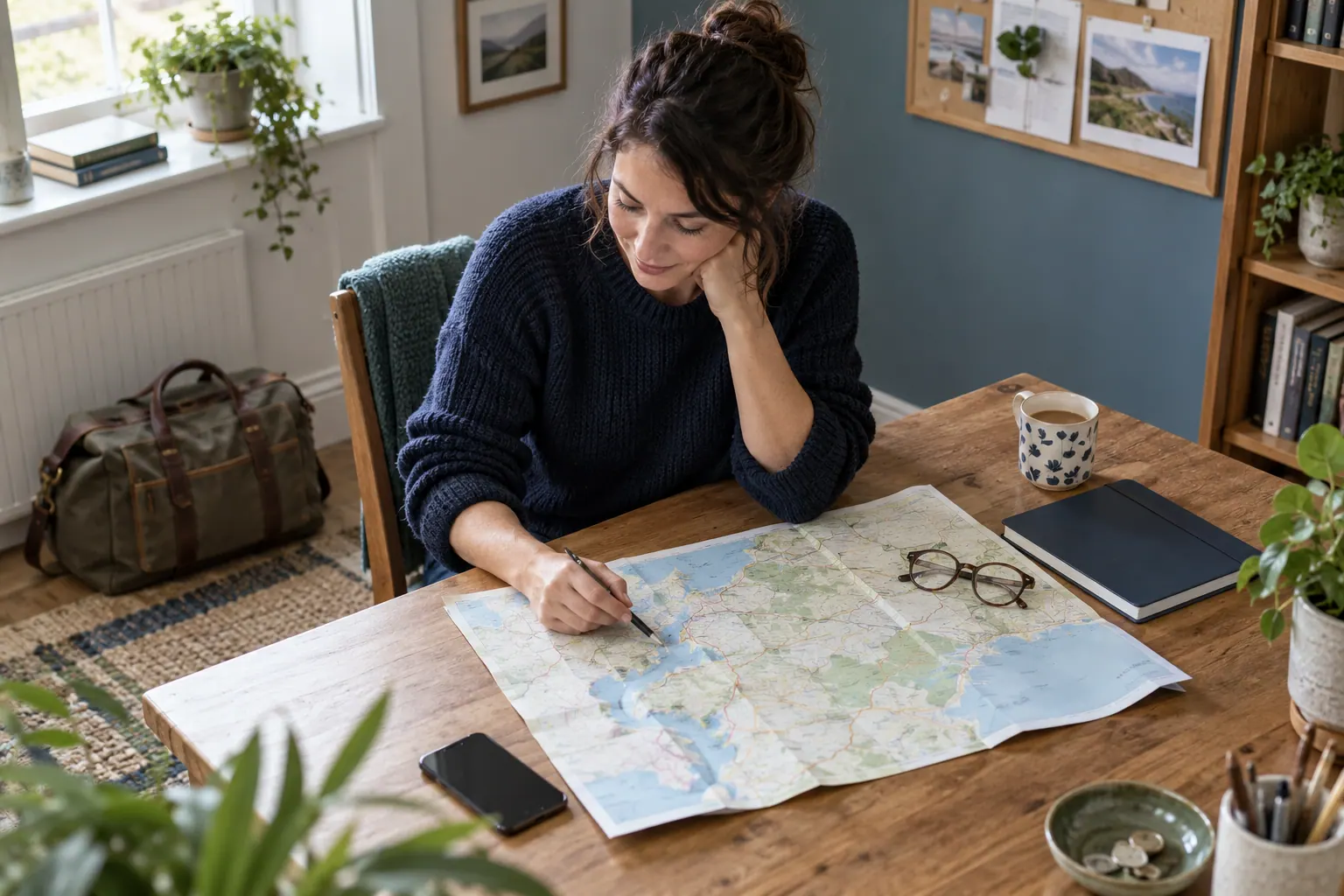 Illustration of a map, notebook and travel bag for planning locum travel.