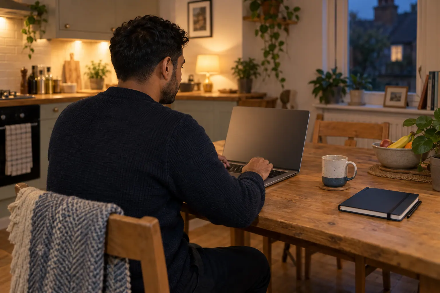 Illustration of a professional using a laptop at a kitchen table.