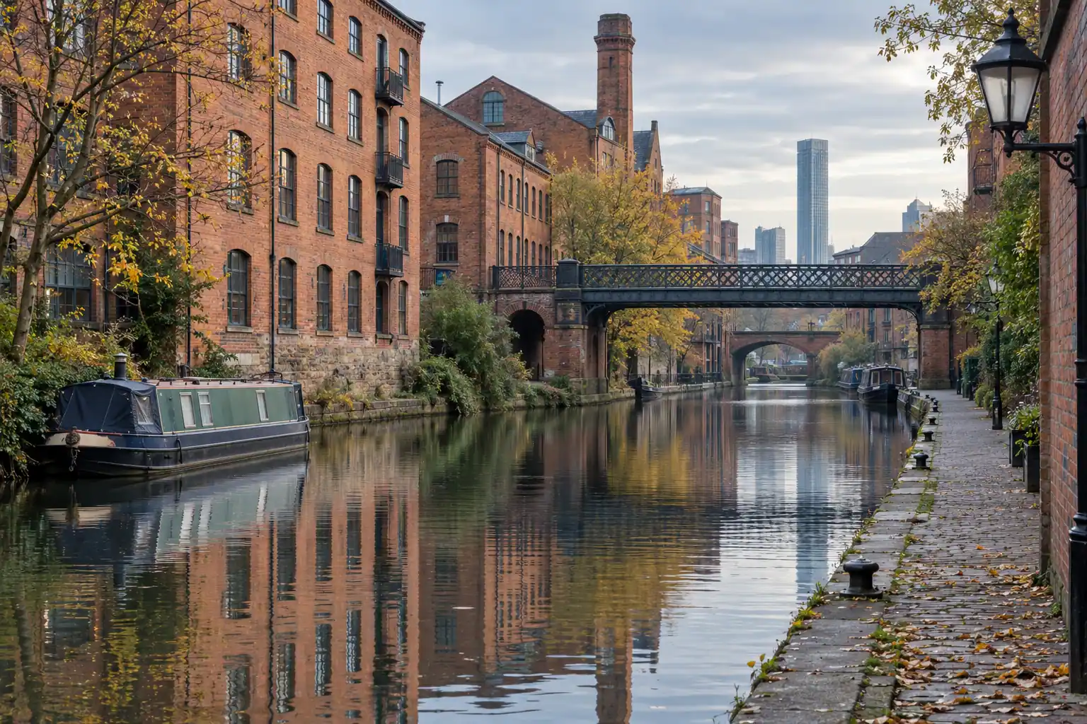 Illustration of a Manchester red-brick canal-side neighbourhood.