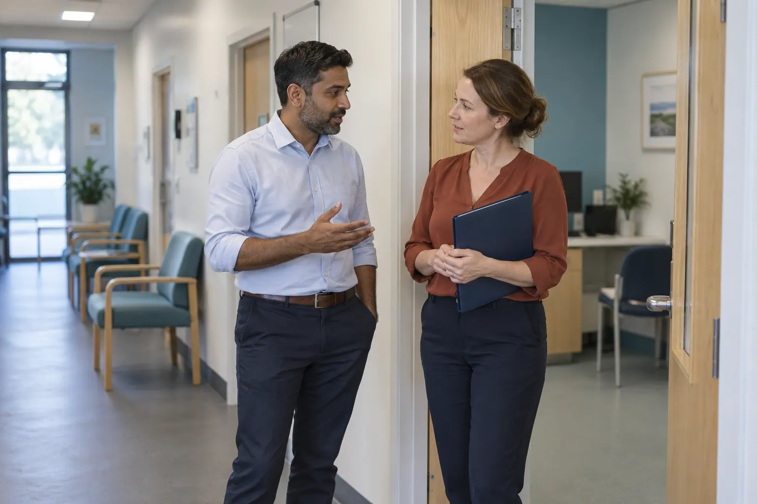 Illustration of two GPs discussing work at a practice doorway.