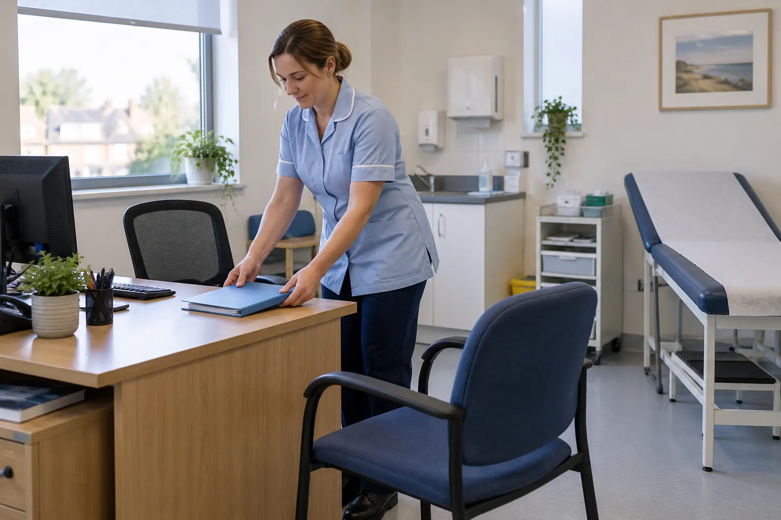 Illustration of a practice nurse preparing a consultation room.