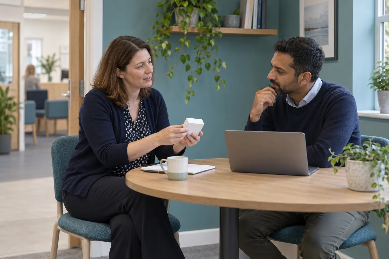 Illustration of a pharmacist discussing a medicine carton with a practice colleague.