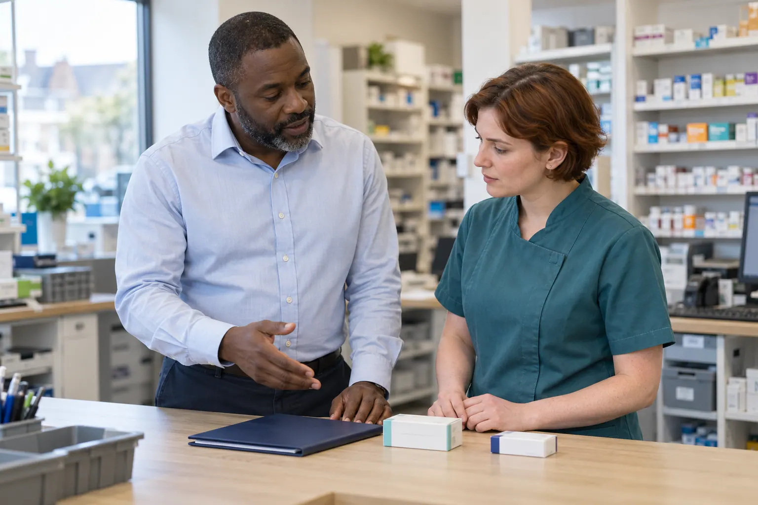 Illustration of a pharmacist and pharmacy technician discussing work at a pharmacy bench.