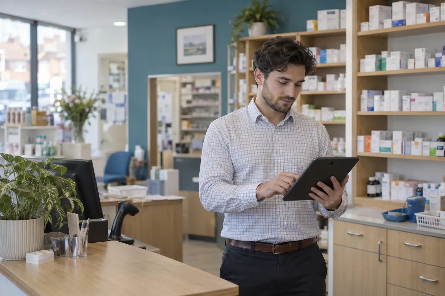 Illustration of a pharmacist looking at a tablet in a community pharmacy.
