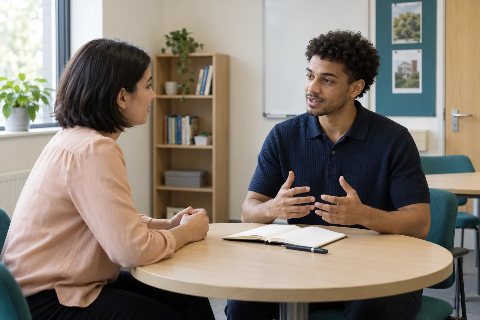 Illustration of a pharmacy technician practising interview answers with a colleague.