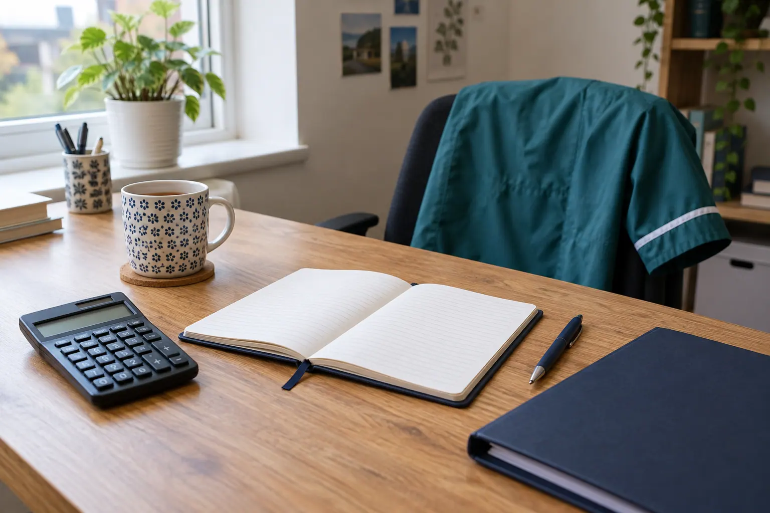 Illustration of a calculator and notebook for comparing pharmacy technician pay.