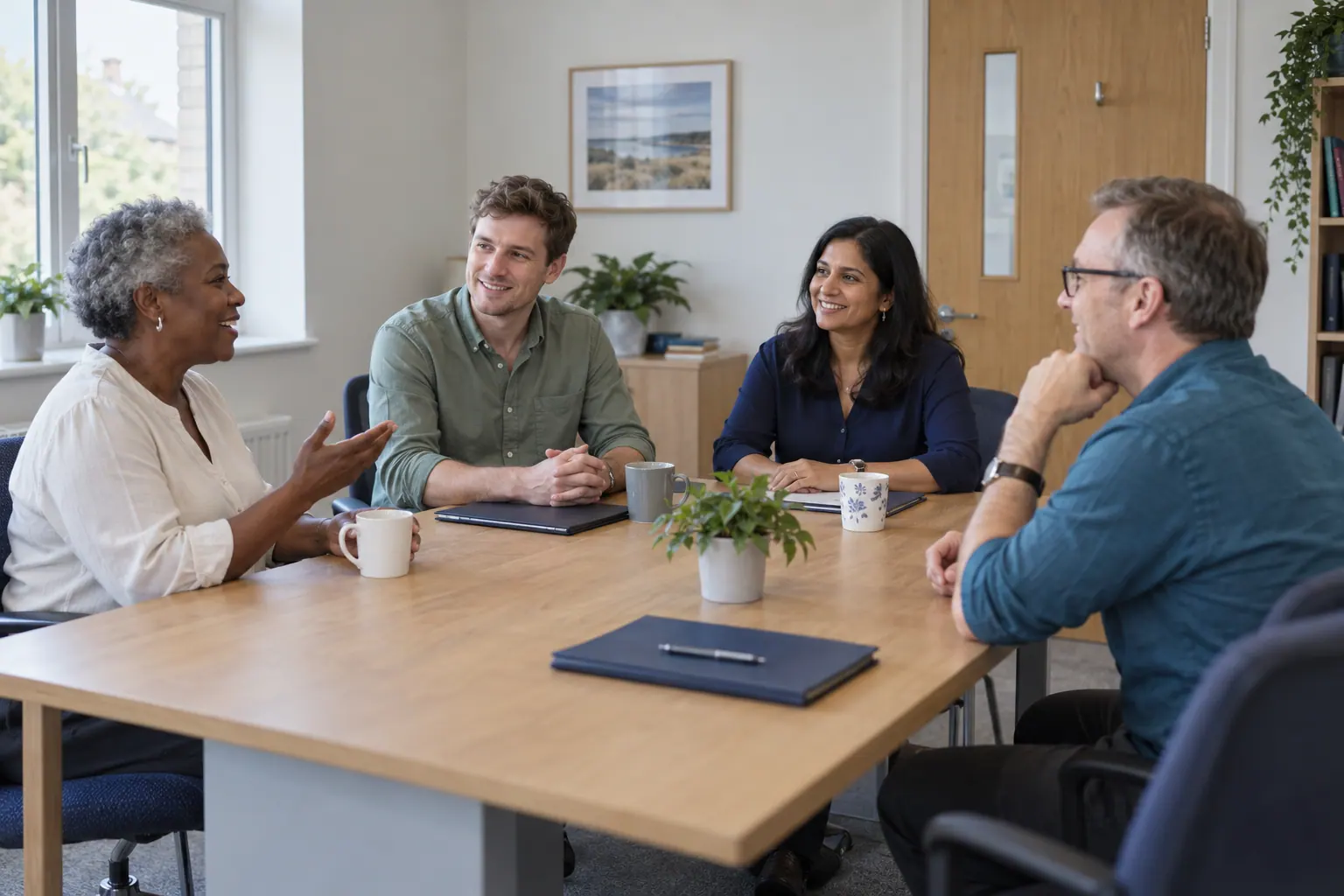 Illustration of four general-practice colleagues meeting around a table.