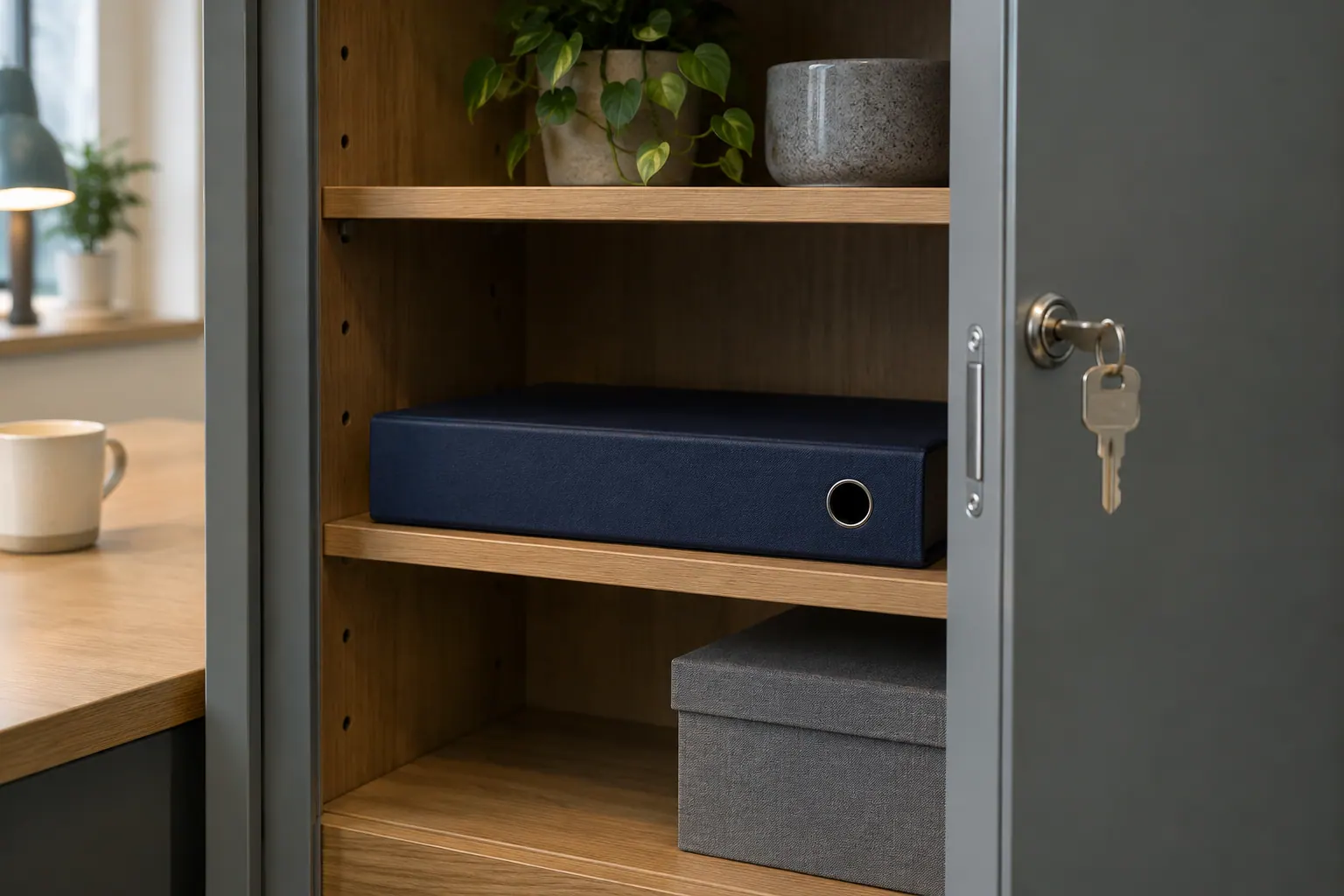 Illustration of a closed navy folder stored in a lockable office cabinet.