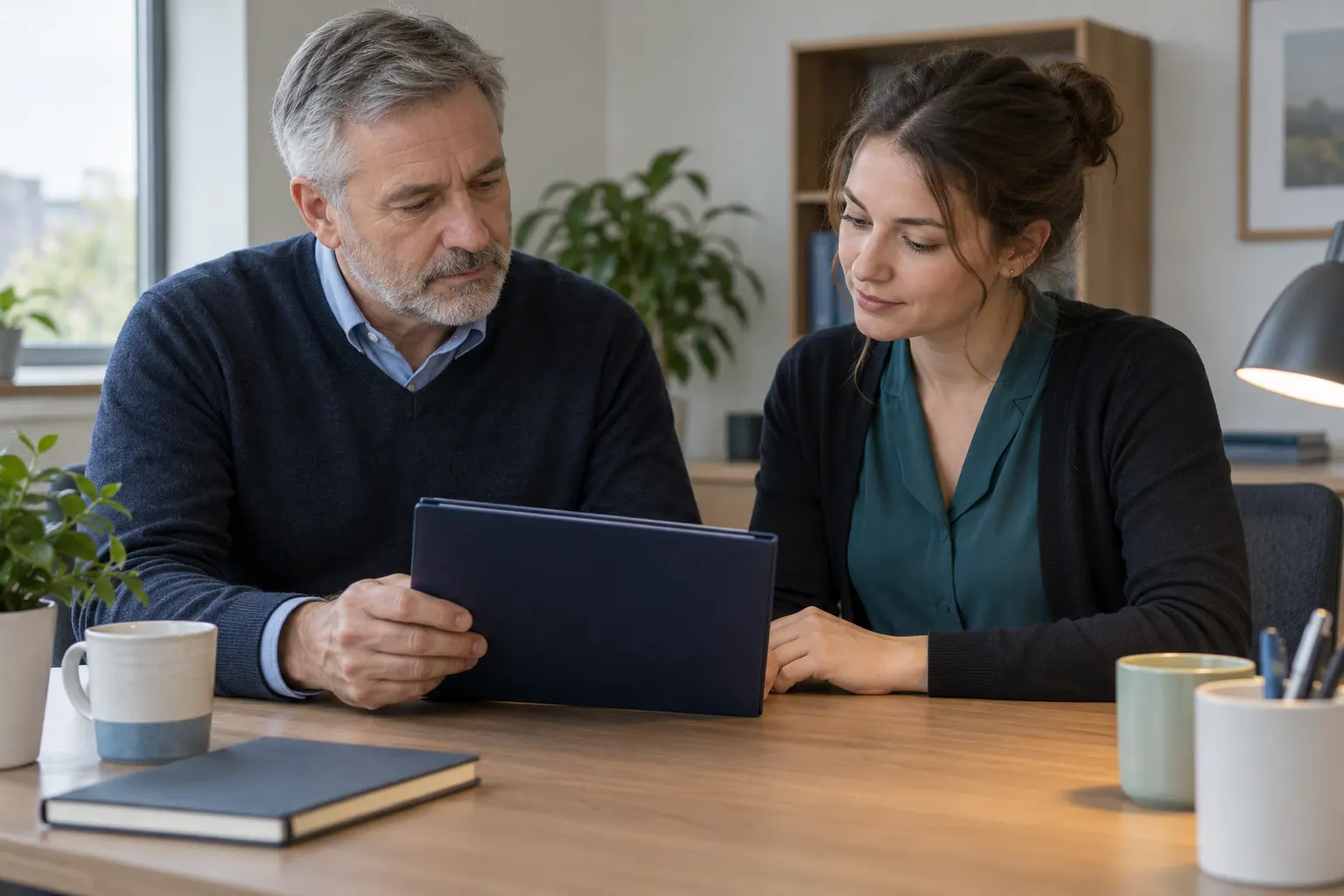 Illustration of two professionals reviewing a closed document folder at a desk.
