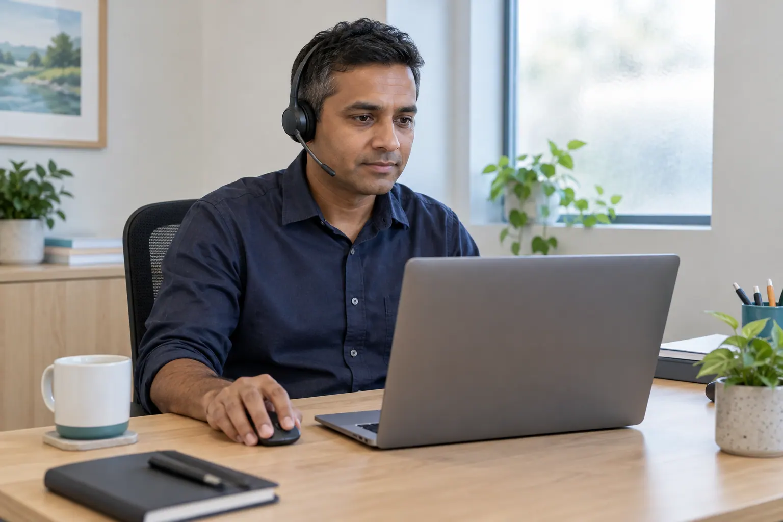 Illustrative scene of a clinician using a headset and laptop for remote work.