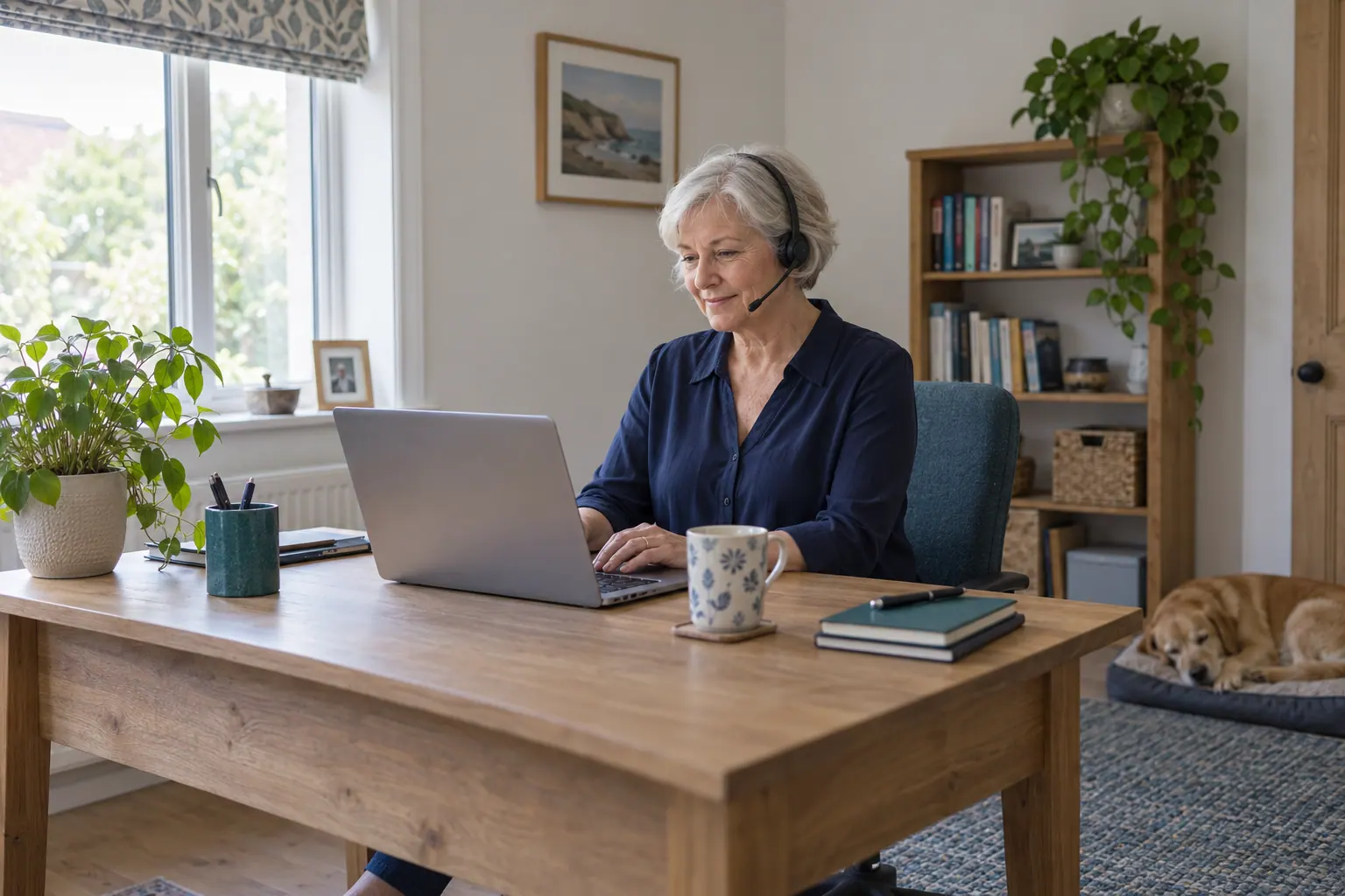 Illustration of a GP wearing a headset at a home-office workstation.