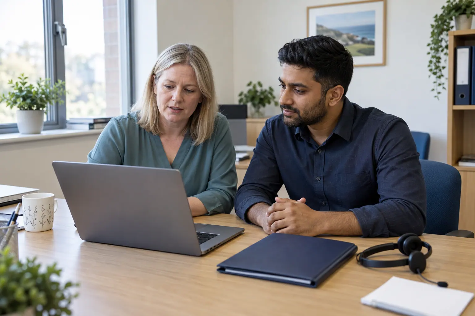 Illustration of a pharmacist and practice colleague setting up a laptop for remote work.