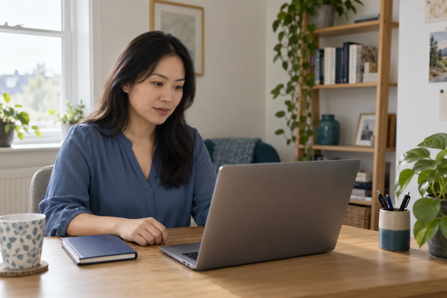 Illustration of a pharmacist reading a laptop at a home-office desk.