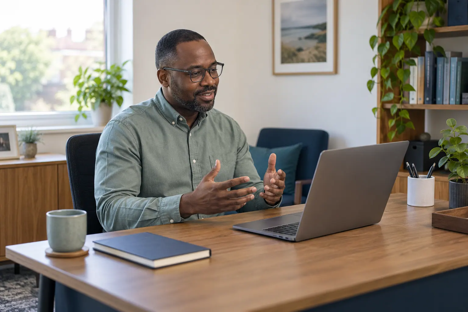 Illustration of a pharmacist reviewing work on a laptop in a private office.