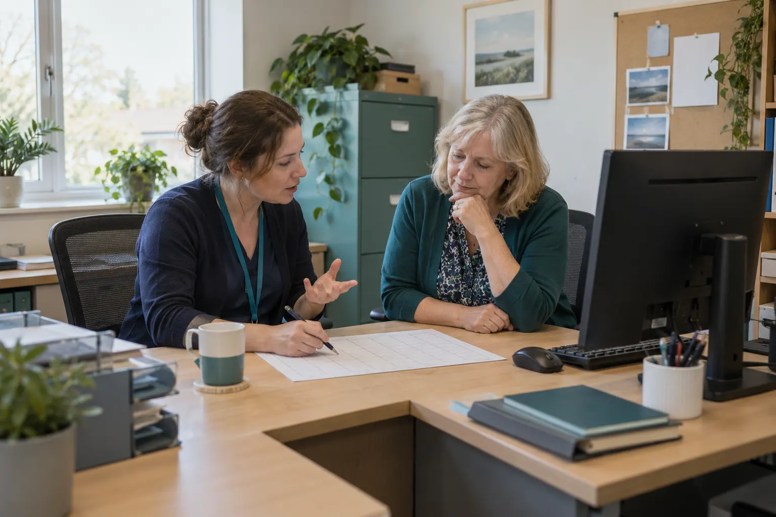 Illustration of a practice manager and colleague planning a rota in an office.