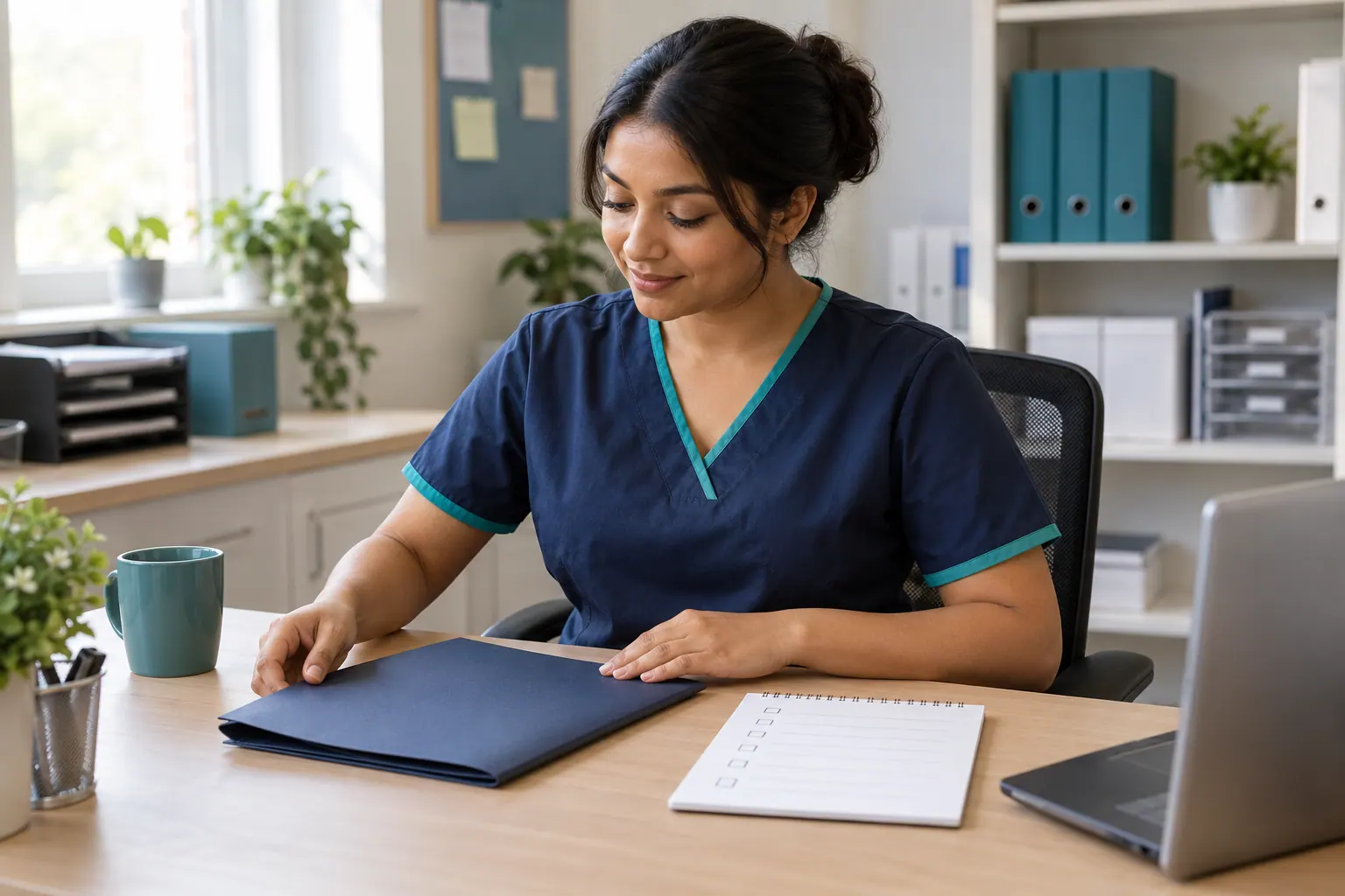 Illustration of a pharmacy technician organising a closed folder and blank checklist in a staff office.