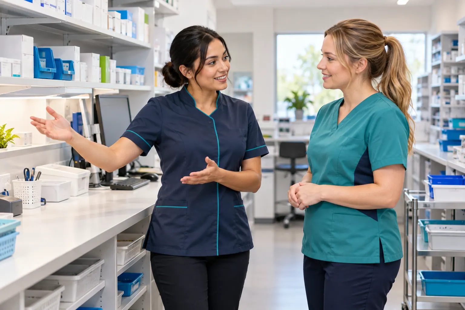 Illustration of a pharmacy technician and colleague discussing first-shift orientation beside a dispensary workbench.