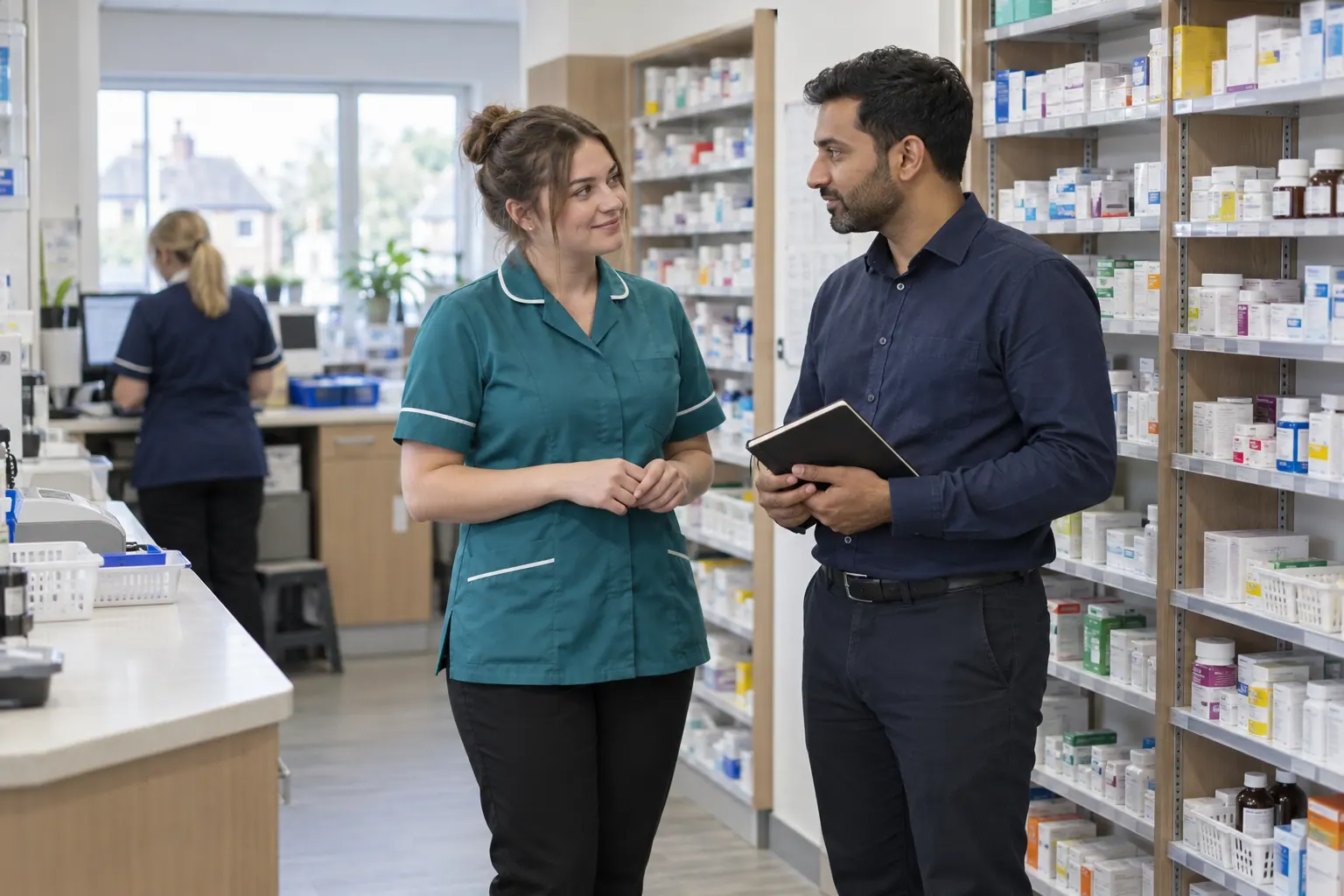 Illustration of a pharmacy technician and colleague talking beside dispensary shelves.