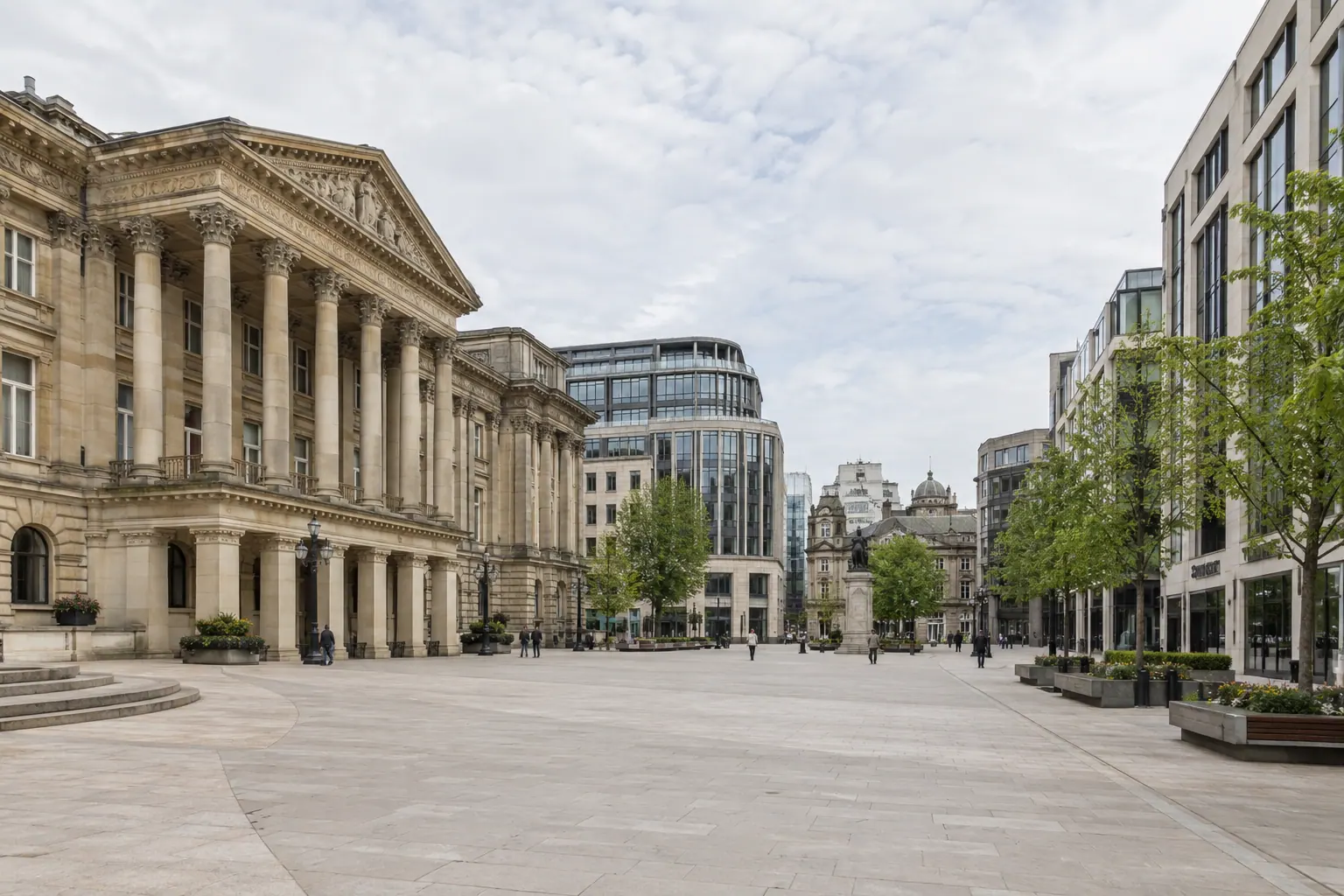 Illustration of a pedestrian square and civic buildings in Birmingham.