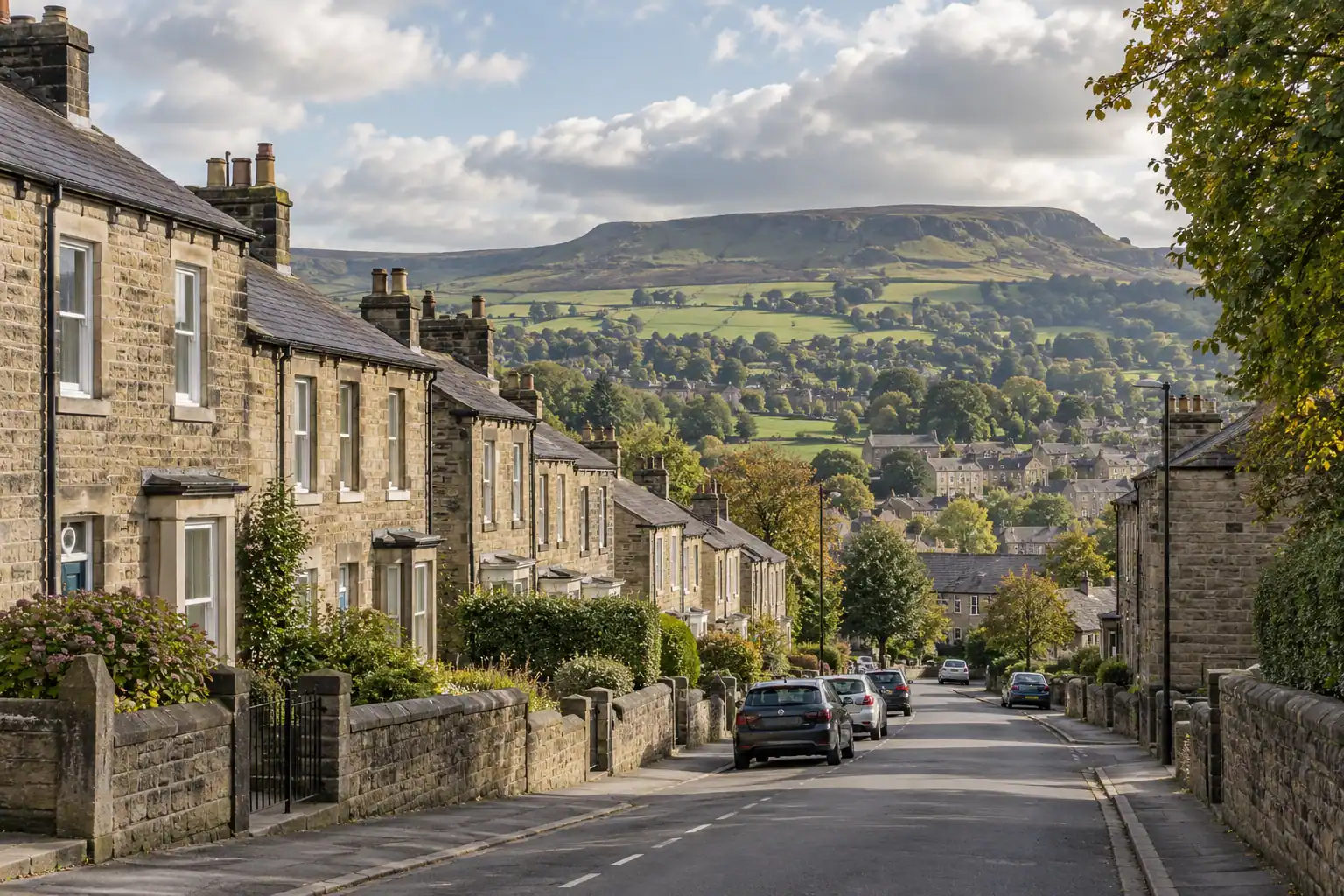 Illustration of stone terraces and green hills in West Yorkshire.